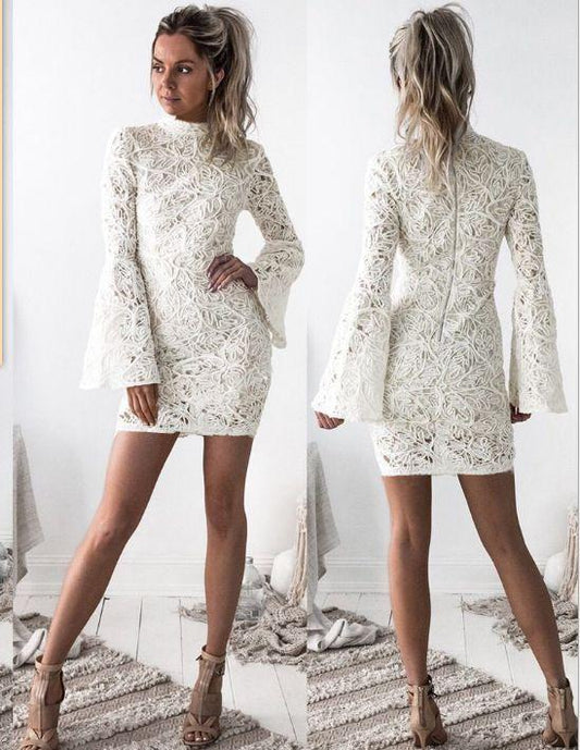 High Ivory Homecoming Dresses Lace Phoenix Neck Tight Graduation With Bell Sleeves XXA1444