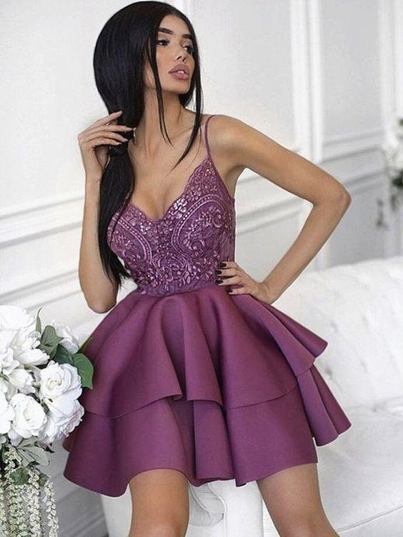 Homecoming Dresses Nicole Cocktail Lace Sweetheart Neck Short Purple Dresses Short Purple Graduation Dresses CD1447