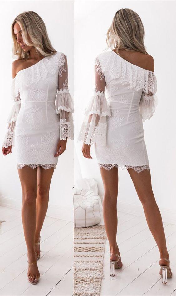 Sheath One Shoulder Long Sleeves White With Ruffles Homecoming Dresses Lace Makenzie XXA1452