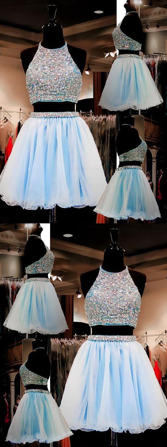 Two Piece Homecoming Dresses Scarlett A-Line Halter Organza Beaded Short Light Blue CD146