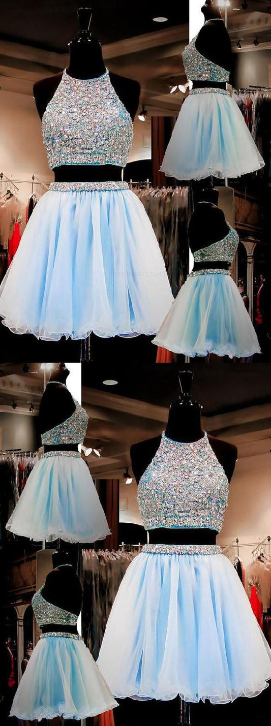 Two Piece Homecoming Dresses Scarlett A-Line Halter Organza Beaded Short Light Blue CD146