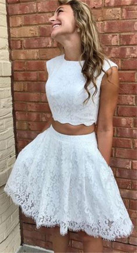 Harley Homecoming Dresses Lace Two Piece Crew Above-Knee White With Pockets CD1464