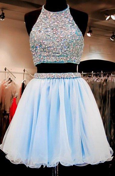 Two Piece Homecoming Dresses Scarlett A-Line Halter Organza Beaded Short Light Blue CD146