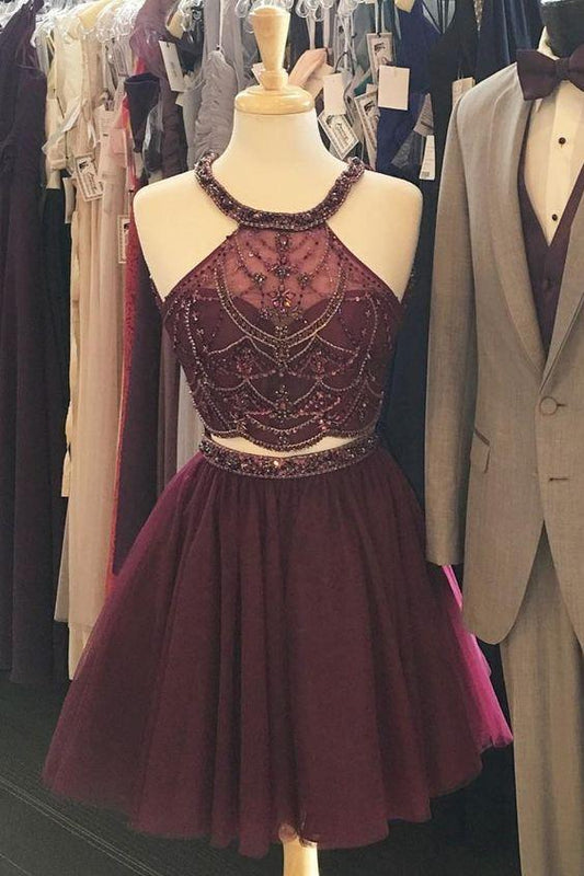 Halter Two Piece Burgundy Beaded Party Homecoming Dresses Muriel Dresses CD1484