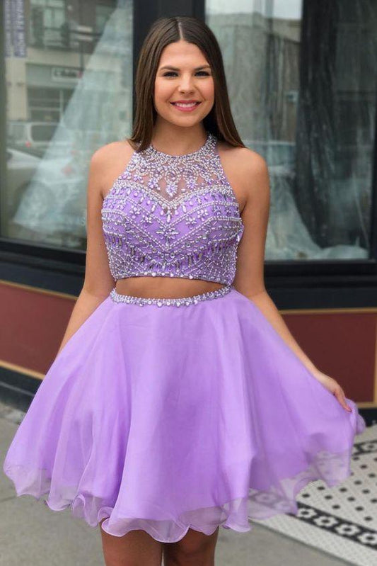 Two Piece Jewel Jolie Homecoming Dresses Neck Beading Lilac CD1486