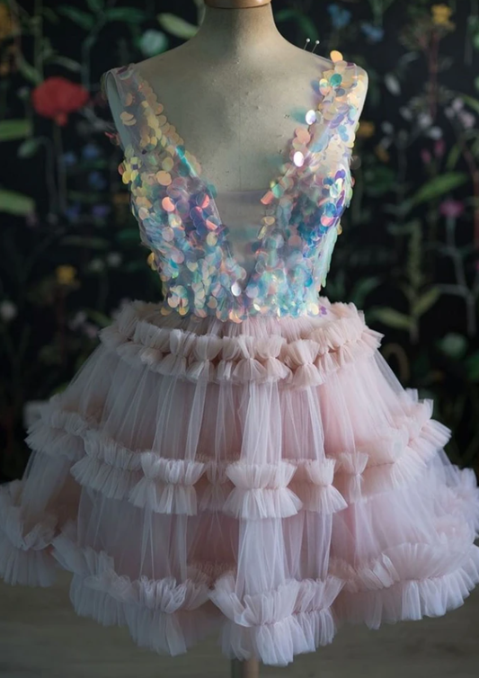 PINK V NECK TULLE SEQUIN SHORT DRESS PINK COCKTAIL Homecoming Dresses Evelyn DRESS XXA14913