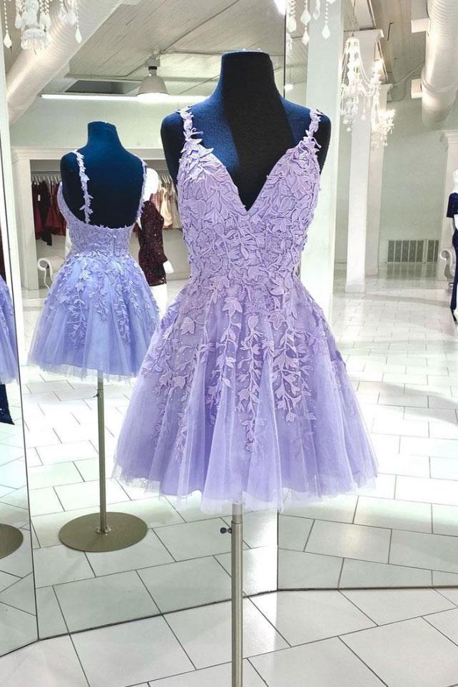 Purple Cocktail Lace Homecoming Dresses Jaqueline V Neck Tulle Short Dress CD14994