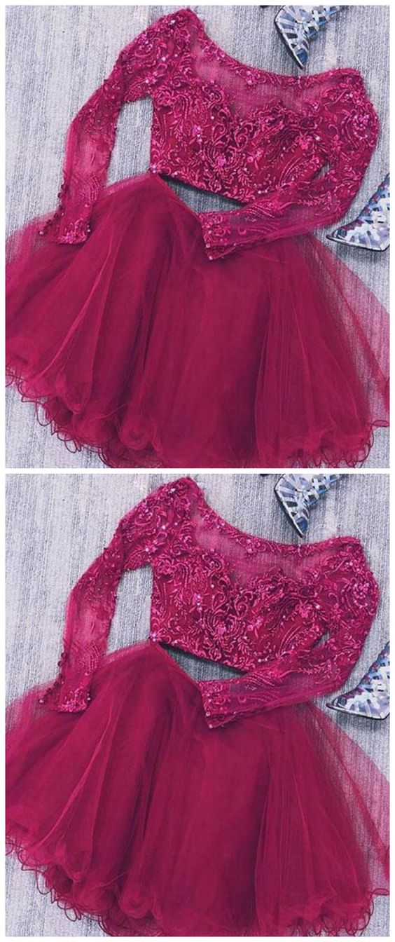 Two Piece Long Amari Lace Homecoming Dresses Sleeves Tulle Short With Beads CD1507