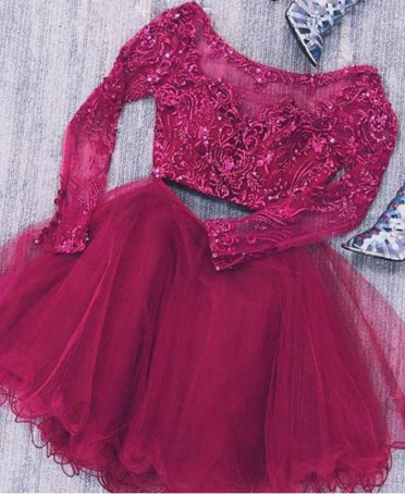 Two Piece Long Amari Lace Homecoming Dresses Sleeves Tulle Short With Beads CD1507