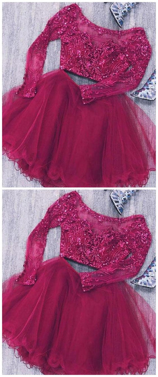 Two Piece Homecoming Dresses Lace Jasmine Long Sleeves Tulle Short With Beads XXA1507