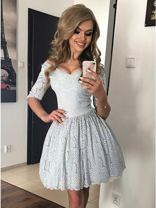 A-Line V-Neck Half Sleeves Light Anabelle Lace Homecoming Dresses Blue XXA1510