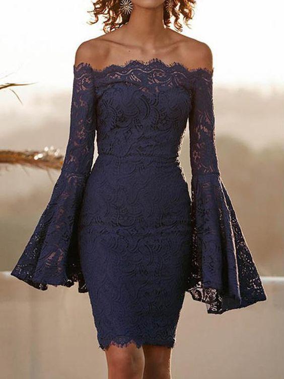 Kitty Homecoming Dresses Lace Sexy Flared Sleeves Bodycon Off-The-Shoulder Midi Dress XXA15506