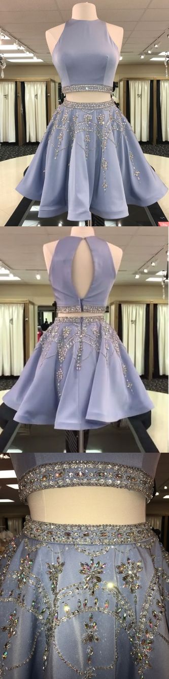 Two Piece Round Neck Short Maci Homecoming Dresses Light Sky Blue Beaded Cheap CD16