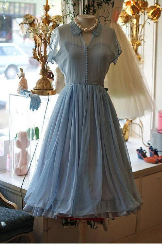 Light Dresses Elegant A-Line Doll Collar Short Homecoming Dresses Erin Chiffon Sleeves Blue Vintage Style Dress XXA1623