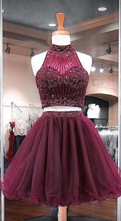 Burgundy Two Piece Beading Stylish Short Tulle Party Gowns Homecoming Dresses Destiny CD1630