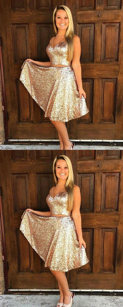 A-Line V-Neck Two Pieces Homecoming Dresses Willow Sleeveless Gold Sequined CD1654