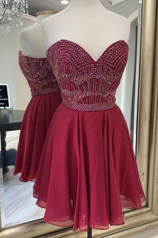 Princess Chiffon Homecoming Dresses Beaded Sweetheart Wine Red Short Sweet 16 Dress XXA16559