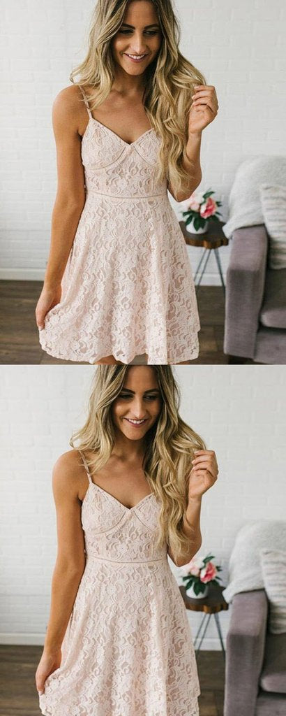 A-Line V-Neck Spaghetti Straps Homecoming Dresses Lace Dayami Cheap Short XXA1656