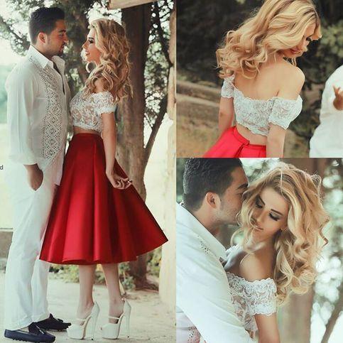 Two Piece Red Serenity Homecoming Dresses Lace Satin Off-The-Shoulder White Short Sleeve Tea-Length Party Dresses CD167