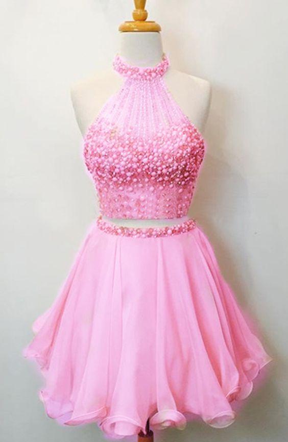 Two Piece Beaded Party Dress Pink Lia Homecoming Dresses Gown CD1680