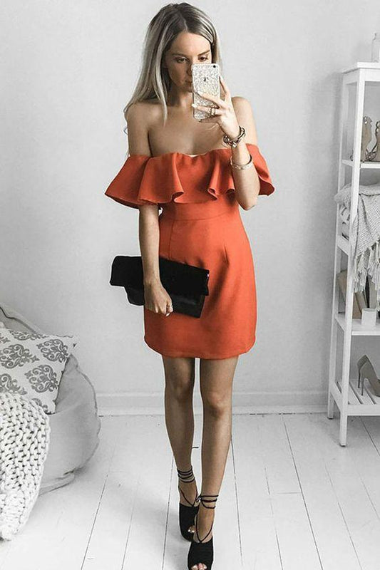 A-Line Tracy Homecoming Dresses Satin Off-The-Shoulder Short Party Dress Orange With Ruffles XXA1686