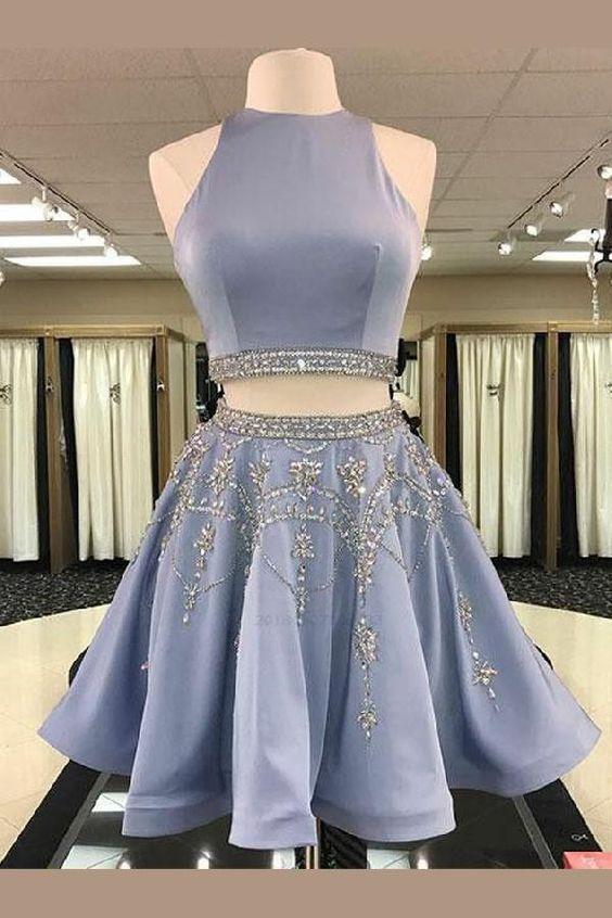 Two Piece Round Hope Homecoming Dresses Neck Short Light Sky Blue Beaded Cheap XXA16