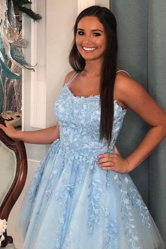 A-Line Blue Appliqued Short Sweet 16 Dress Lace Homecoming Dresses Kenley XXA17049