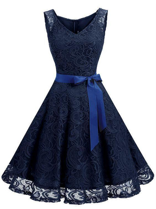 Floral Belted Homecoming Dresses Lace Robin Party Swing Dress V Neck Sleeveless XXA17528