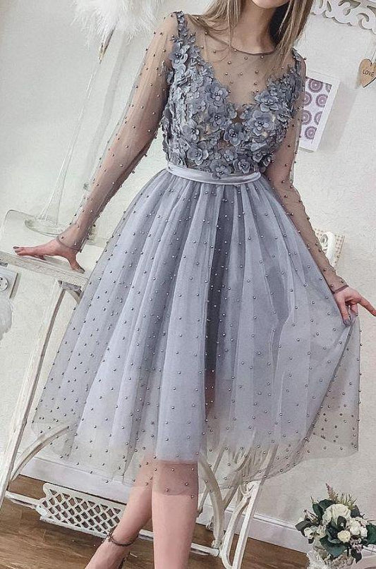 Short Silver Grey Pearls Long Sleeve Appliqued Beads Mini Party Dresses Cheap Lace Homecoming Dresses Cocktail Giovanna Formal Gowns CD1766