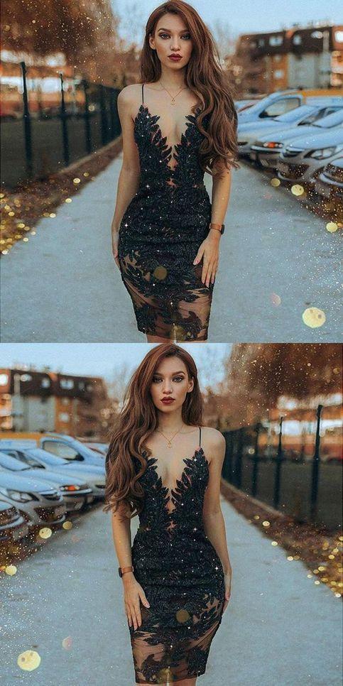 Sheath Spaghetti Straps Black Beaded Short Dress With Cheap Homecoming Dresses Alejandra Lace XXA18