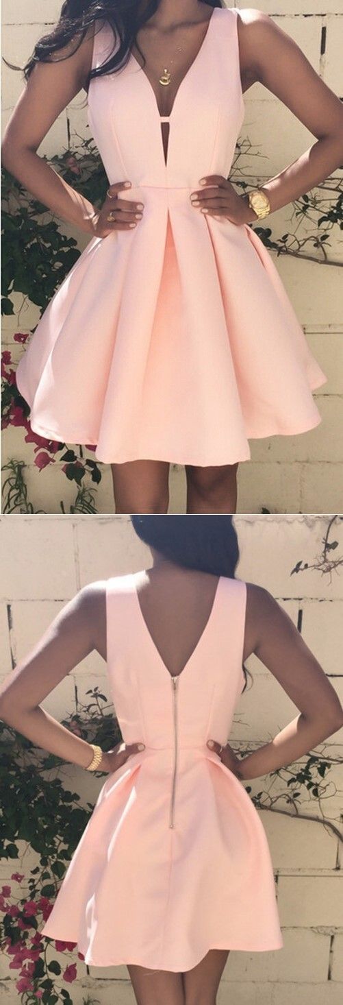 Pink Homecoming Dresses Josephine Satin Deep V-Neck Short Dress Simple Party Dresses XXA182