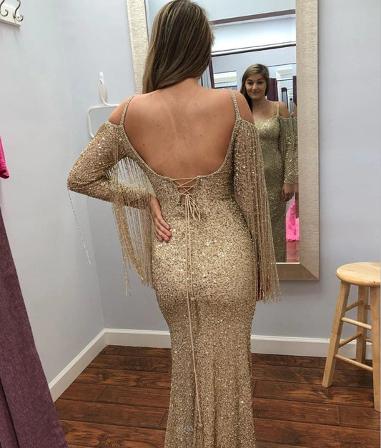 Gold Sequins Mermaid Long Sleeves Formal Dresses Evening Prom Dresses