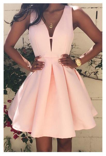 Pink Homecoming Dresses Josephine Satin Deep V-Neck Short Dress Simple Party Dresses XXA182