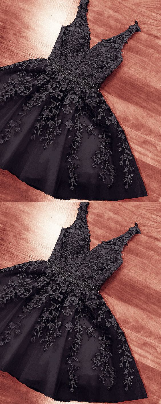 Short Black Embroidery Lace Homecoming Dresses Karla V Neck Party Dress For Girls XXA18334