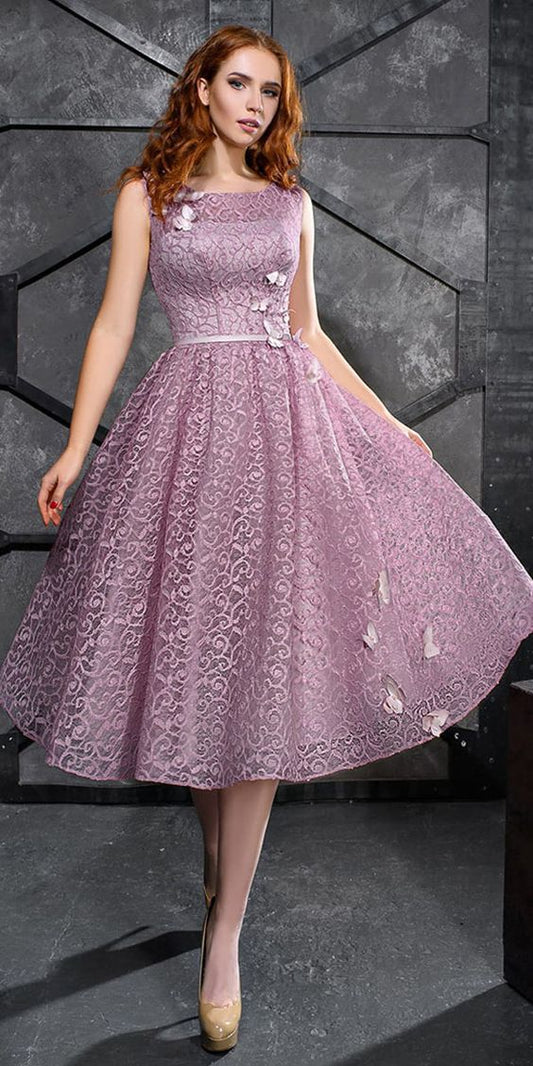 Homecoming Dresses Lace Karsyn Exciting Scoop Neckline Tea-Length A-Line With Sash & Handmade Flowers With Beadings XXA1864