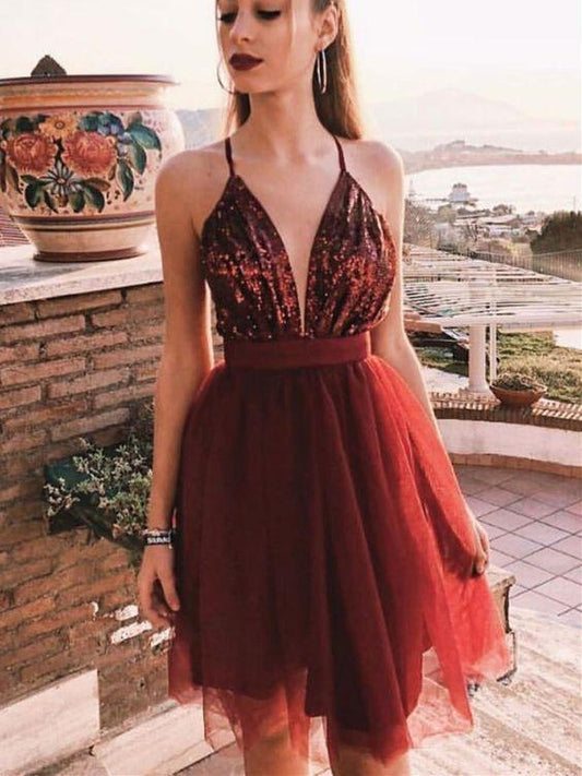 Simple V Neck Burgundy Tulle Short Burgundy Tulle Short Patsy Homecoming Dresses Evening Dress XXA1865