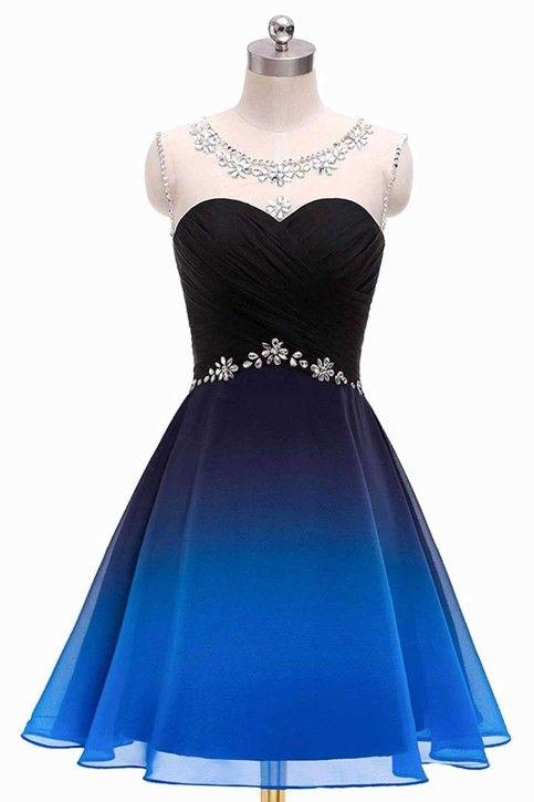 Round Neck Beads Blue And Black Homecoming Dresses Kierra Cocktail A Line Short Dresses Ruffles Straps Dresses CD1874