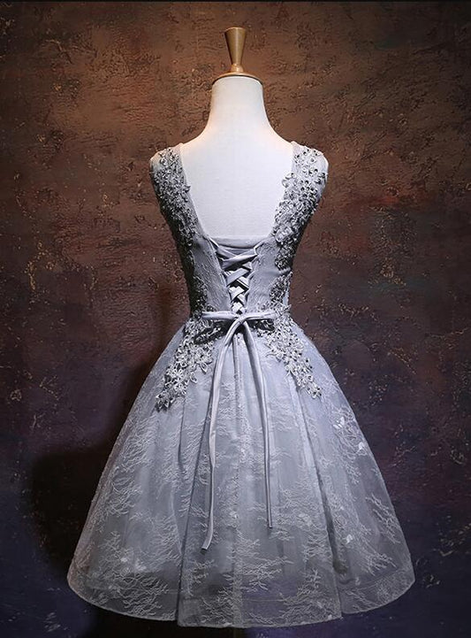 Light Grey Short V-Neckline Applique Homecoming Dresses Rosalyn Lace Party Dress Grey 2024 XXA18782