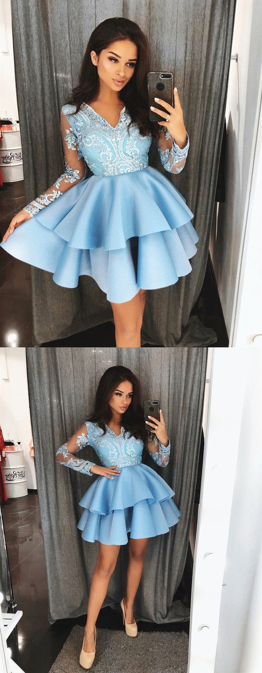 Long Sleeves Homecoming Dresses Lace Ireland Short Blue Dresses Short Blue Graduation Formal Dresses XXA188