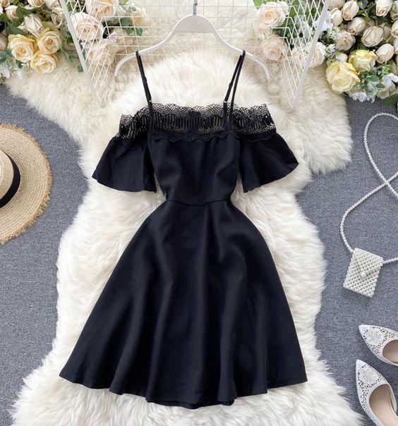 Krista A Line Homecoming Dresses Lace Cute Black Short Dress Off Shoulder Dress XXA19194