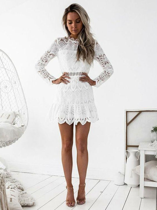 A-Line Round Neck Ryan Homecoming Dresses Lace Long Sleeves Short White XXA1925