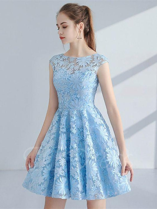 A-Line Cap Sleeves Scoop Knee-Length Sweet 16 Katherine Homecoming Dresses Lace XXA19345