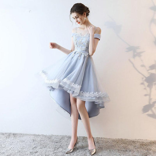 Beautiful Light Grey Tulle Off Shoulder High Low Party Dress Grey Lace Homecoming Dresses Val XXA19612