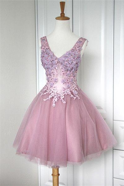 Pink Nola Lace Homecoming Dresses V Neck Gowns CD1986