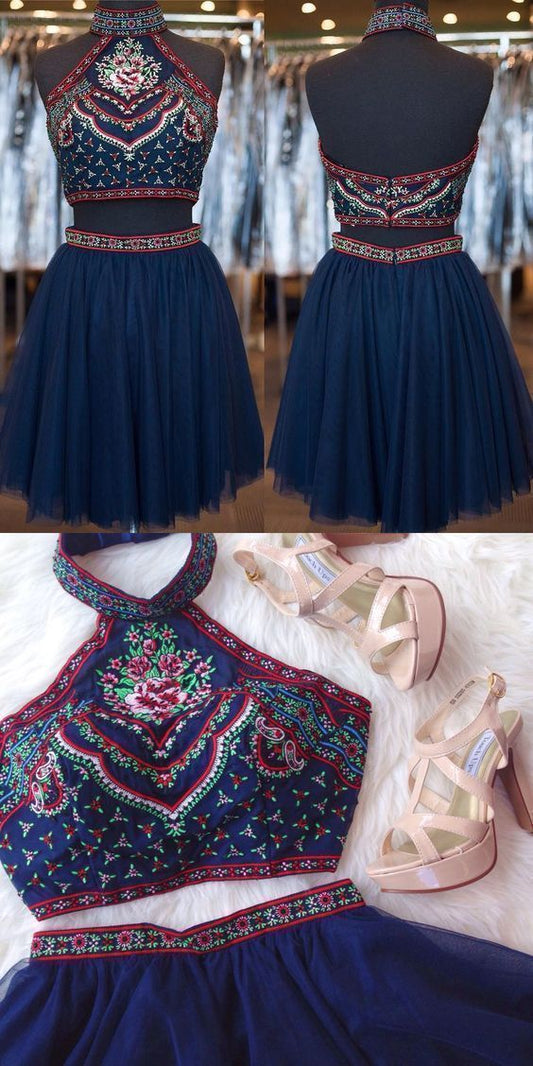 Two-Piece High Homecoming Dresses Vera Neck Short Tulle Navy Blue With Embroidery XXA202