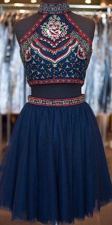 Two-Piece High Homecoming Dresses Vera Neck Short Tulle Navy Blue With Embroidery XXA202