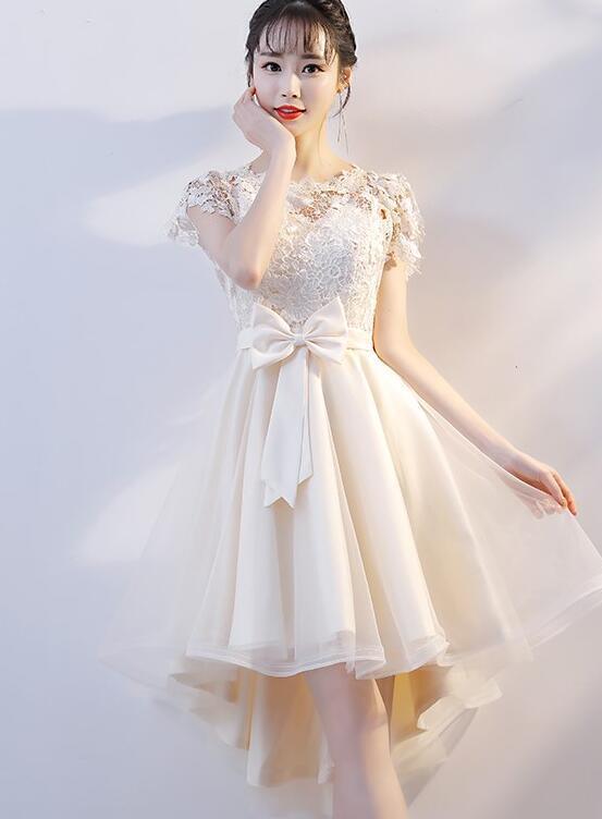 Lovely Champagne Tulle High Homecoming Dresses Lace Brielle Low Party Dress Cute With Bow XXA2090