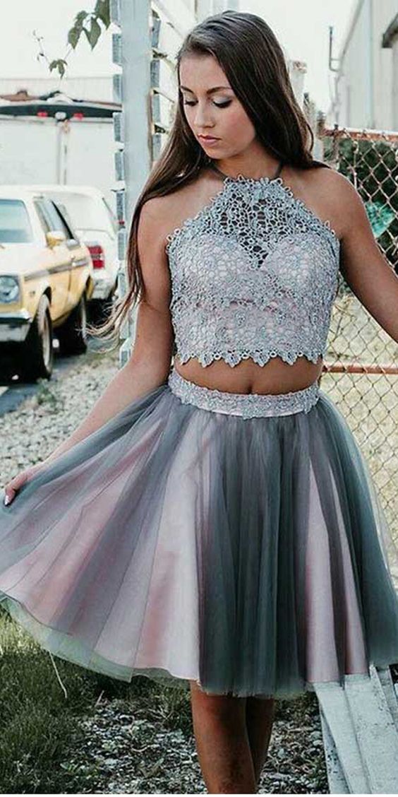 Lace Homecoming Dresses Morgan Grey Short Two Piece Halter Party Dress With CD2105