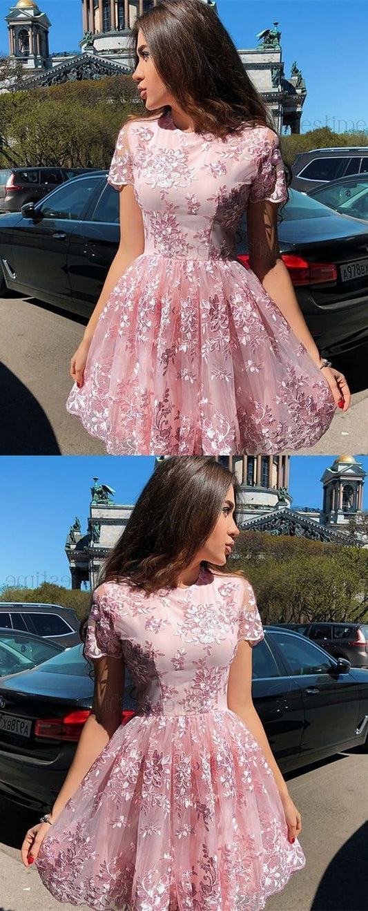 Homecoming Dresses Lace A Line Pink Millie Cute Round Neck Cap Sleeves Short XXA211