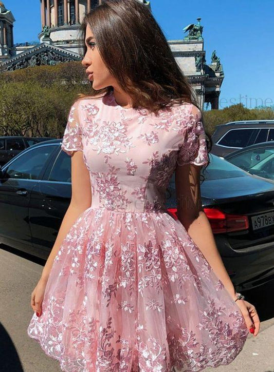 Homecoming Dresses Lace A Line Pink Millie Cute Round Neck Cap Sleeves Short XXA211